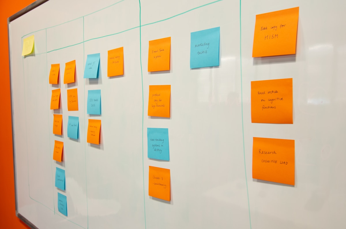 Quadro de planejamento com post-its organizados por etapa